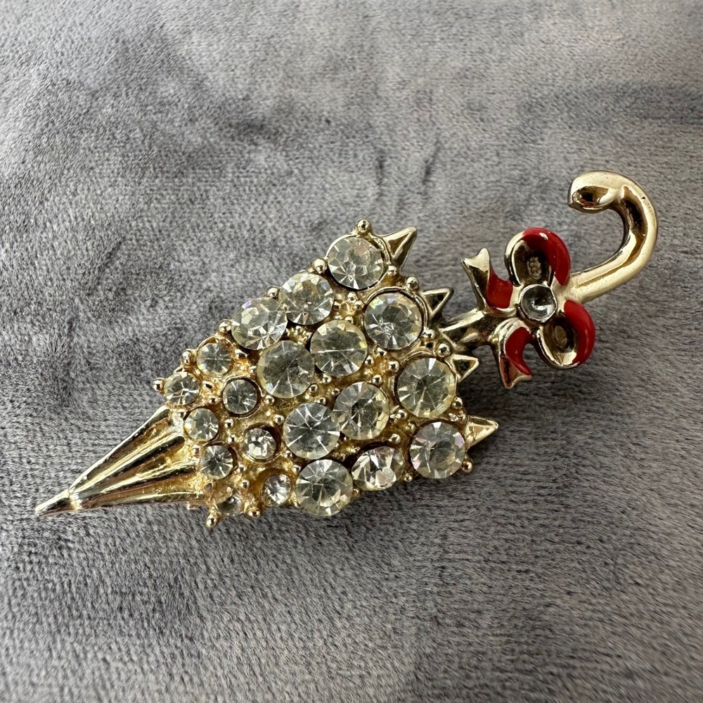 Vintage Umbrella Brooch Gold Tone Rhinestone Red Enamel Bow Parasol Pin Spring